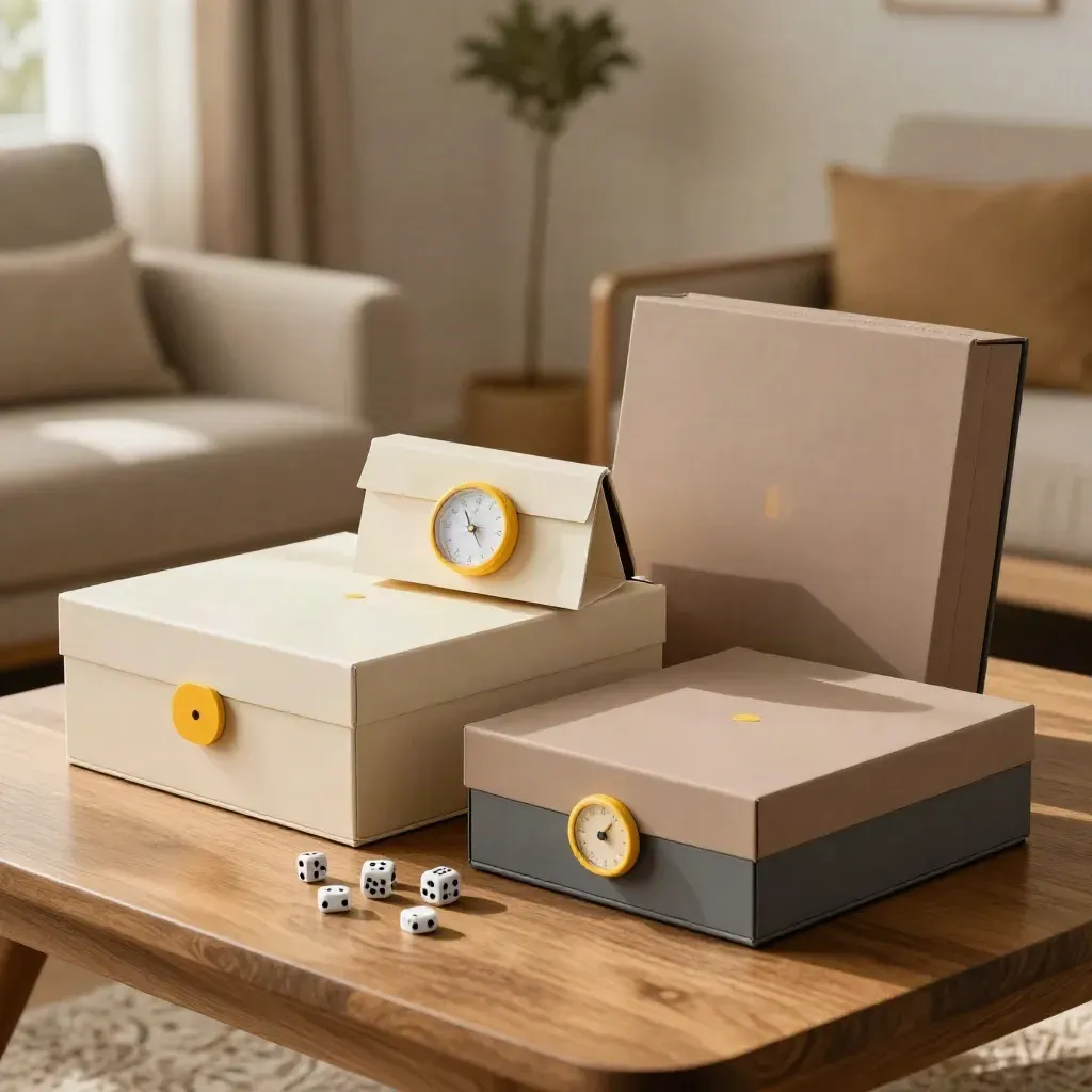 Tre giochi da tavolo familiari con dadi, carte e timer su un pouf del soggiorno.