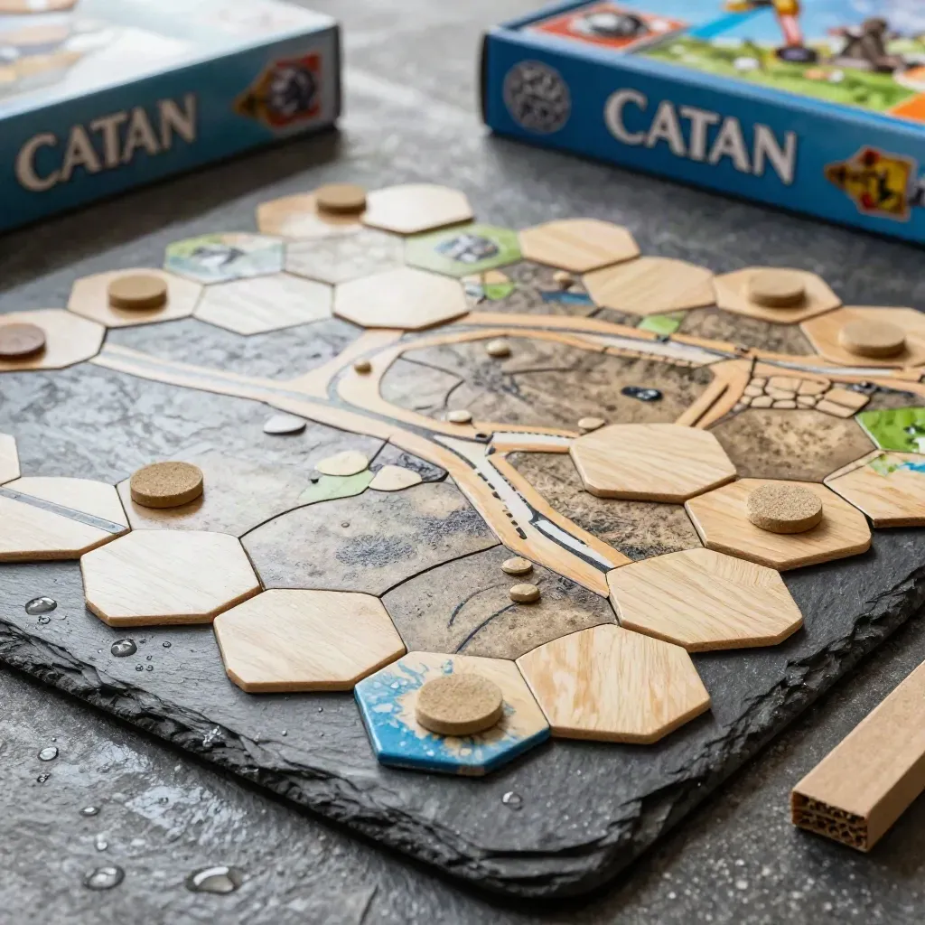 Scatola di Catan Base con tessere esagonali e strade in legno su pietra bagnata