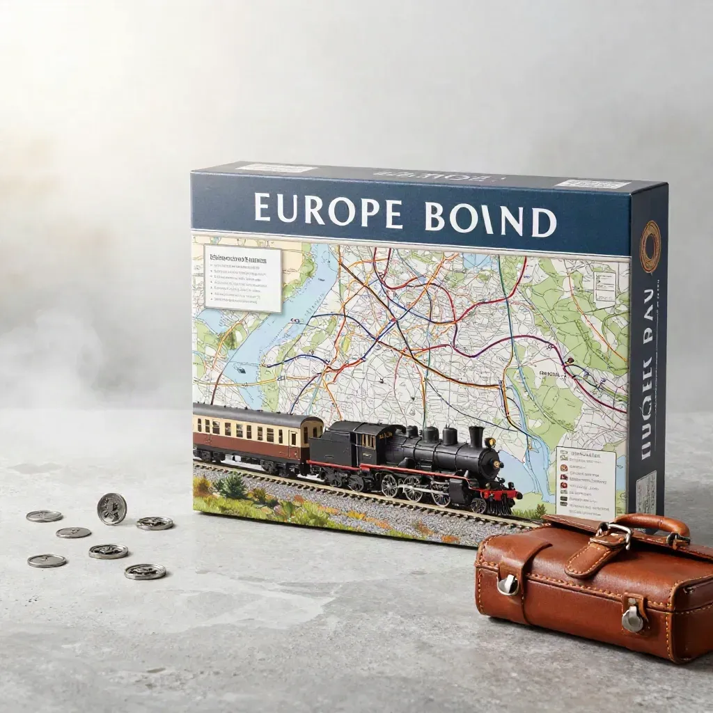 Scatola di gioco ferroviario con trenino, vagoni, gettoni e valigetta su pietra umida
