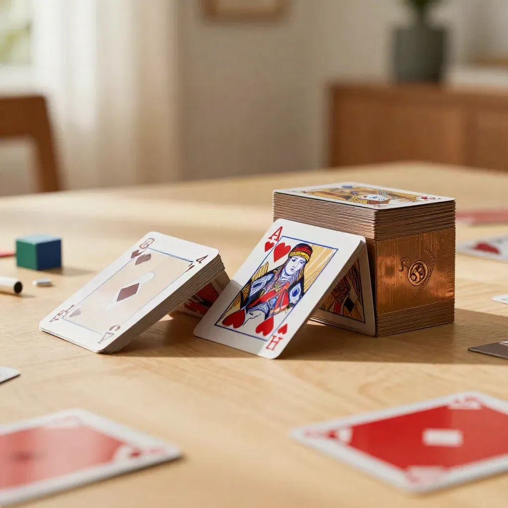 Mazzo di carte family in cascata su tavolo chiaro, con segnalini colorati e blocco rosso.