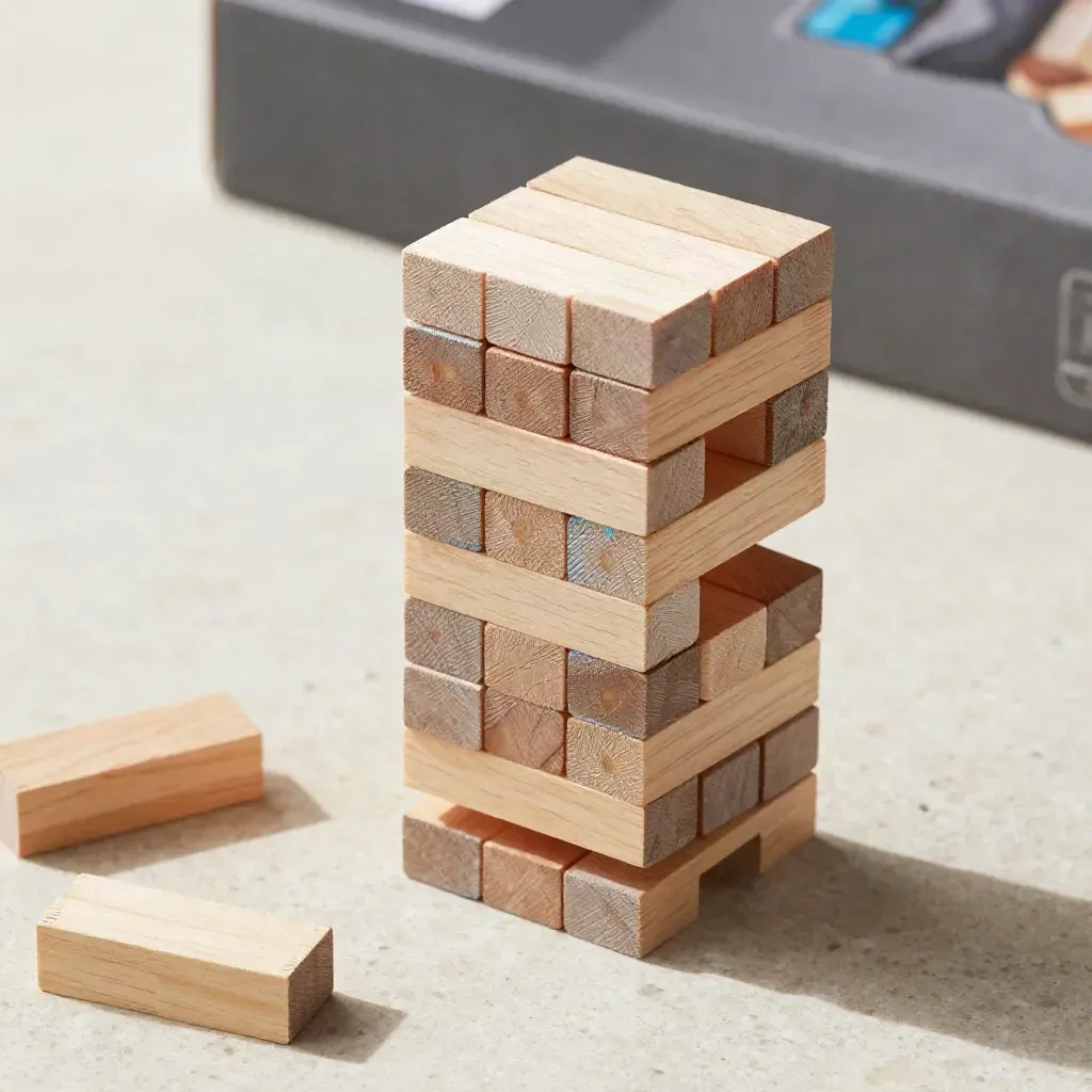 Torre di Jenga in legno chiaro in equilibrio, con tre blocchi e scatola sfocata sul bordo