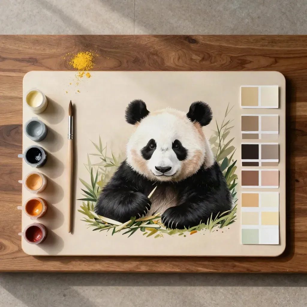 Set di pittura CreArt con panda, pennello, vaschetta e campioni ordinati su legno caldo.