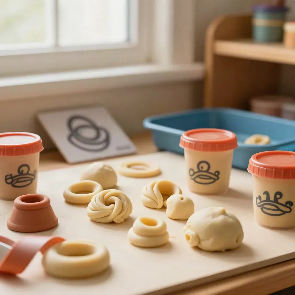 Set Play-Doh colori con pasta modellabile e stampi rotondi su fondo chiaro, vista ravvicinata