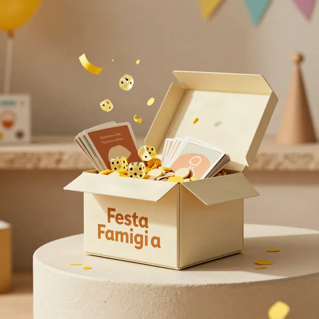 Scatola gioco Festa Famiglia che si apre con dadi, carte e coriandoli gialli su pietra chiara