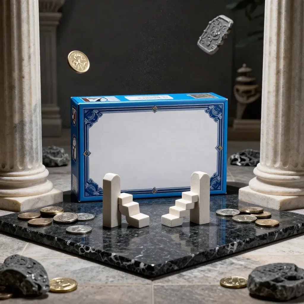 Scatola di gioco con monete metalliche e tessere in pietra tra colonne, luce drammatica blu.