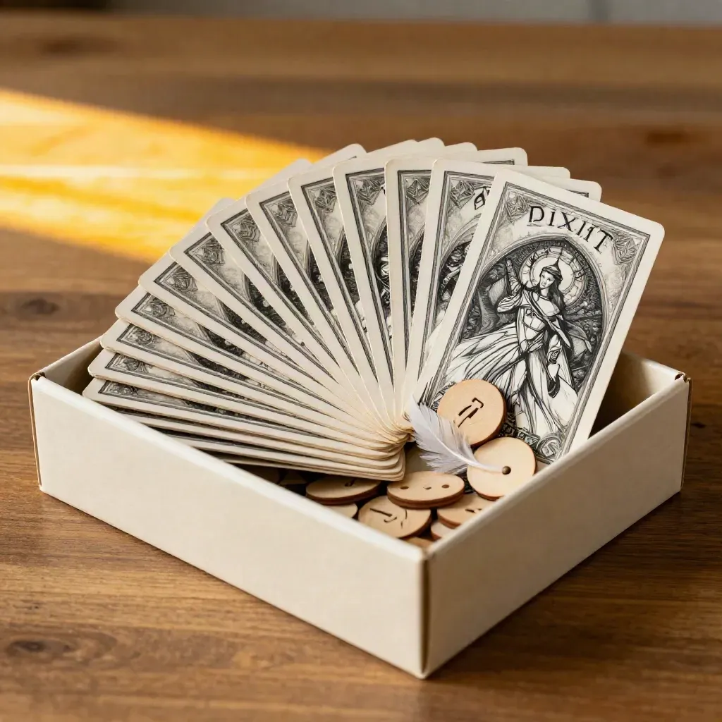 Scatola di gioco fantasy con carte illustrate, segnalini chiari e piuma su legno caldo.