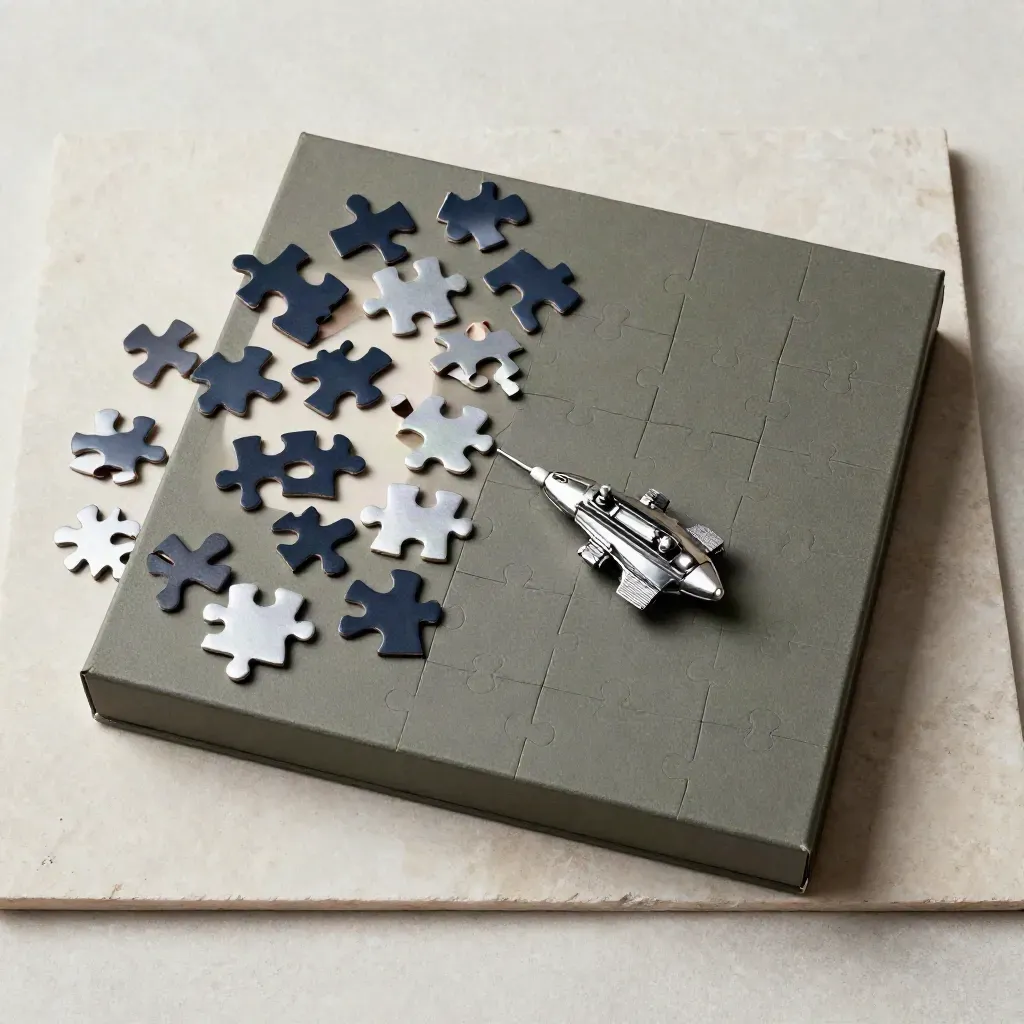 Flatlay dall’alto di scatola puzzle, pezzi scuri e argentati, mini astronave su lastra chiara.