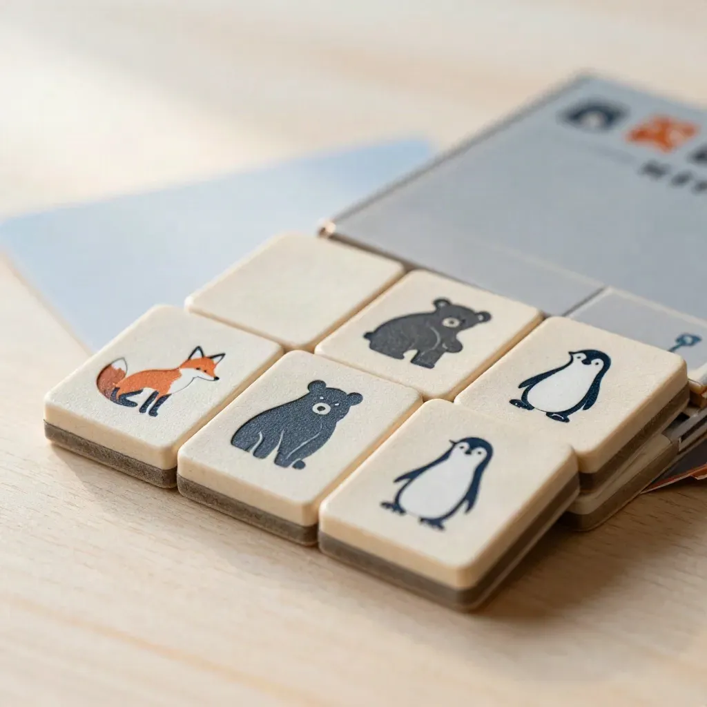 Scatola Memory Animali con tessere di volpe, orso e pinguino su legno chiaro.