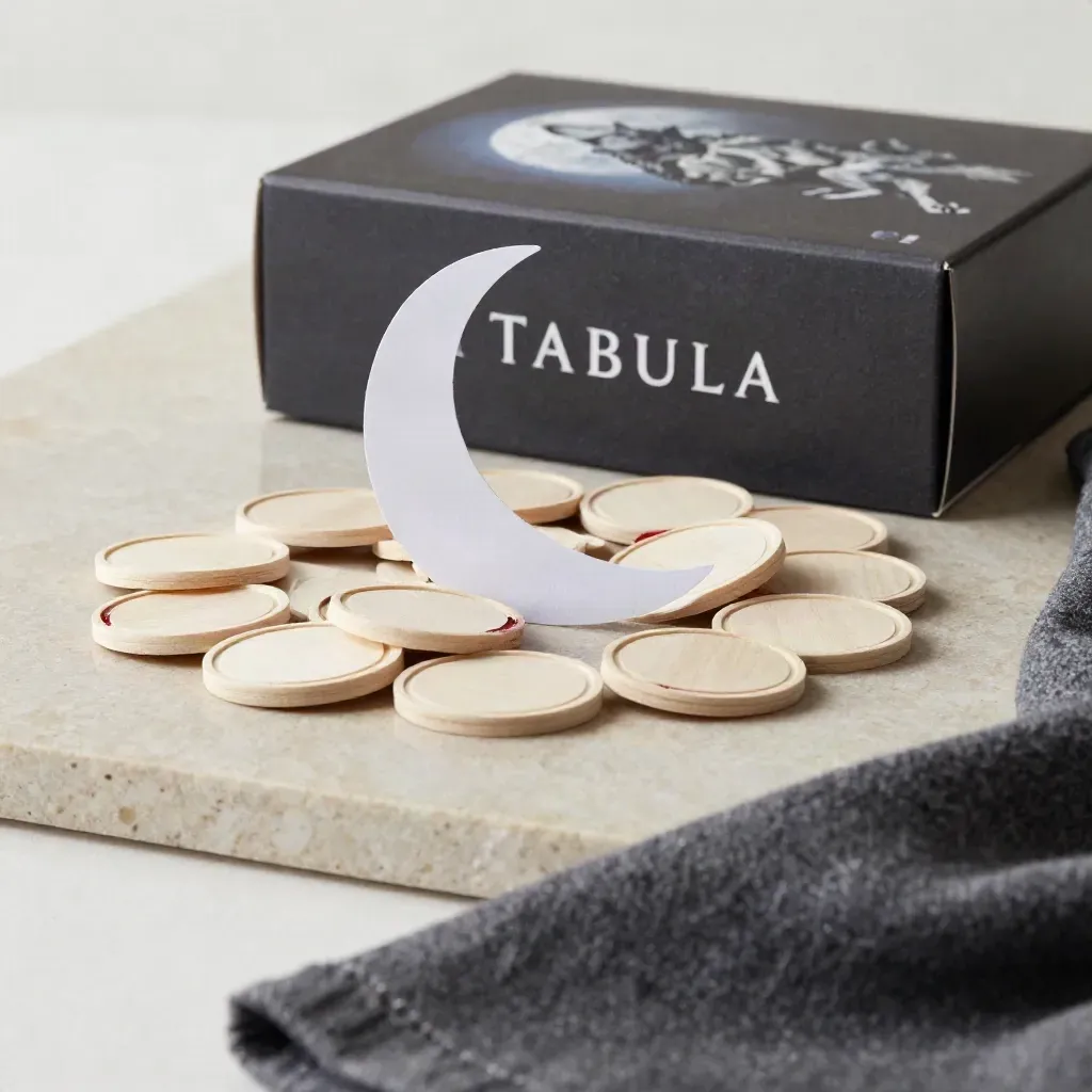 Scatola di Lupus in Tabula, segnalini in legno in cerchio, luna di carta e panno grigio scuro.