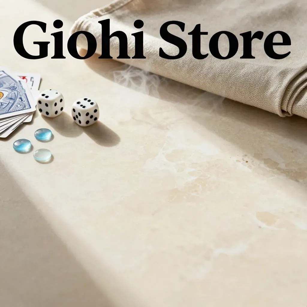 Lastra di marmo crema con dadi sfocati, carte e token blu, luce morbida e spazio per il testo.