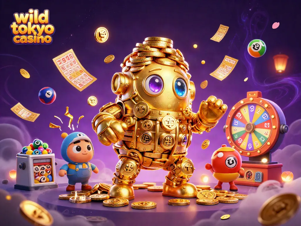 Experience thrilling gameplay at wild tokyo casino with vibrant illustrations of games and prizes.